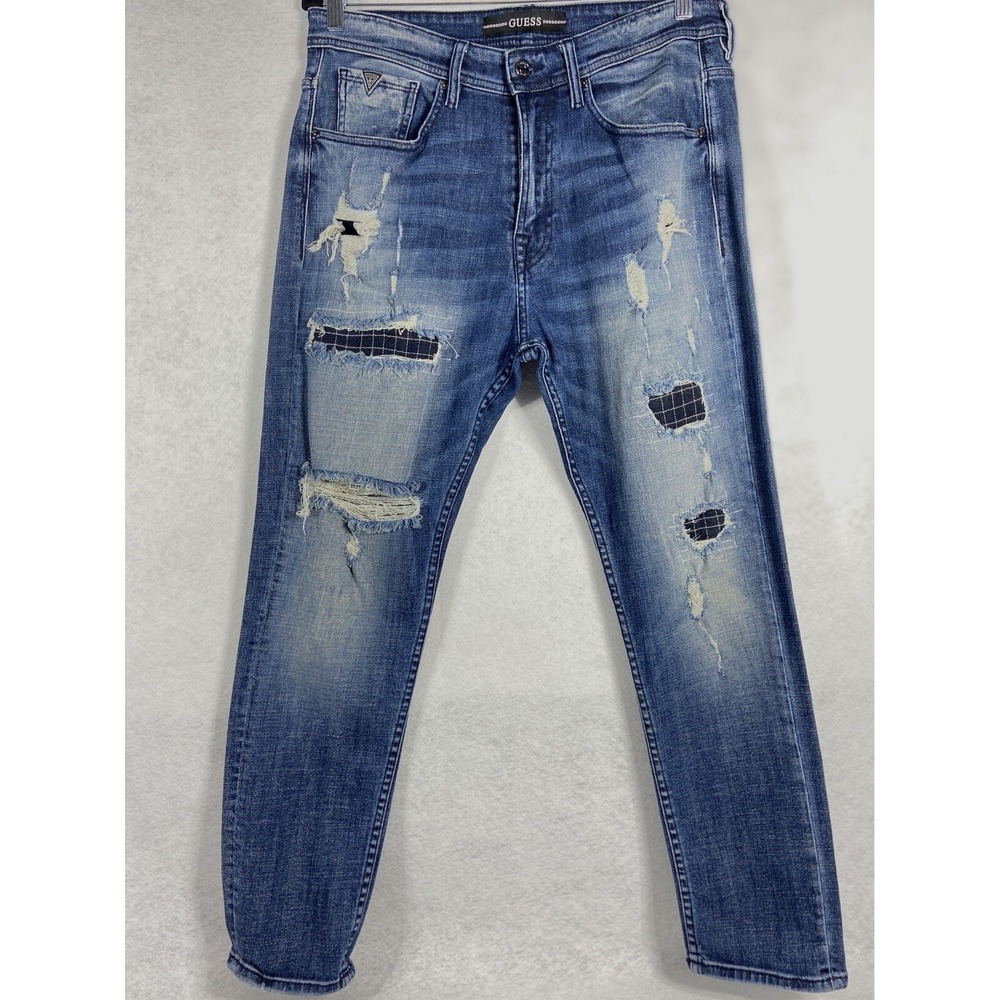 Guess Jeans Men's 32x28 Blue Tapered Crop Patchwork Distressed Denim